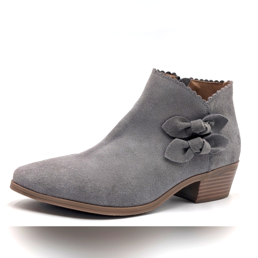 Jack Rogers Kali Grey Suede Ankle Bootie Sz US 7.5M/EU 38 Scalloped Trim withBow - Picture 5 of 17